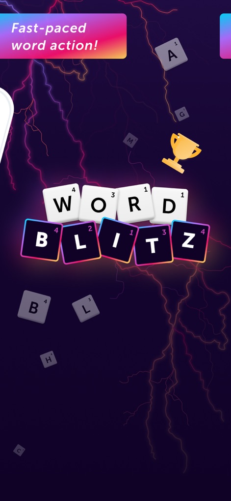 Word Blitz ･ - Dieser Screenshot präsentiert den dynamischen Einstieg in die App, wobei die prominenten 'Word Blitz'-Buchstaben den Markennamen hervorheben und der energetische Blitz-Hintergrund die schnelle Natur des Spiels unterstreicht.