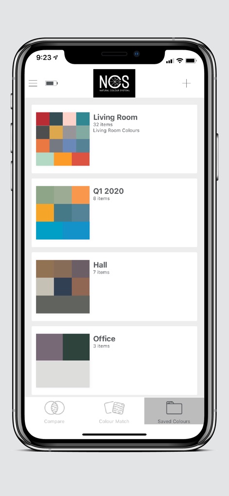 Colourpin - L'app permette di creare e gestire collezioni di colori salvati, come "Living Room", visualizzando un'anteprima delle palette cromatiche per ogni progetto.