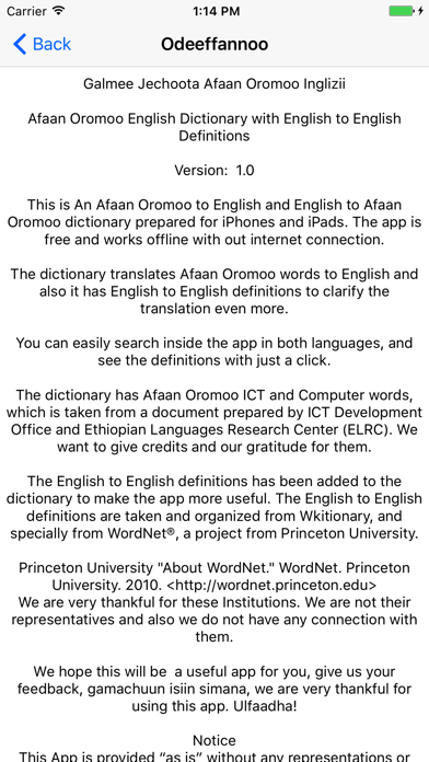 Afan Oromo English Dictionary Screenshot