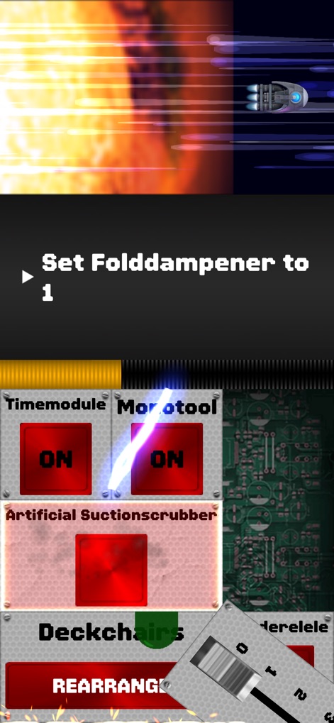 Spaceteam - The app illustrates high-stakes gameplay, showing the crucial 'Timemodule' ON button and the 'Deckchairs' rearrangement slider that players must operate under pressure.