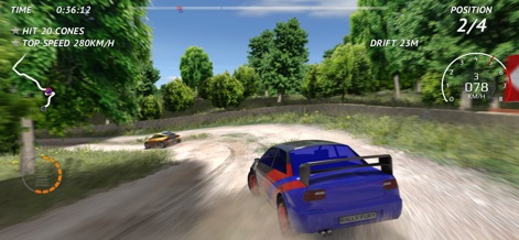 Rally Fury - Extreme Racing - This view demonstrates the challenging AI opponents on varied terrain, encouraging players to master the art of precision drifting.