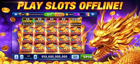 Slots Casino - Jackpot Mania - This app allows users to enjoy diverse slot themes like the "Golden Dragon" without internet, showcasing various "WILD" symbols for bigger wins.