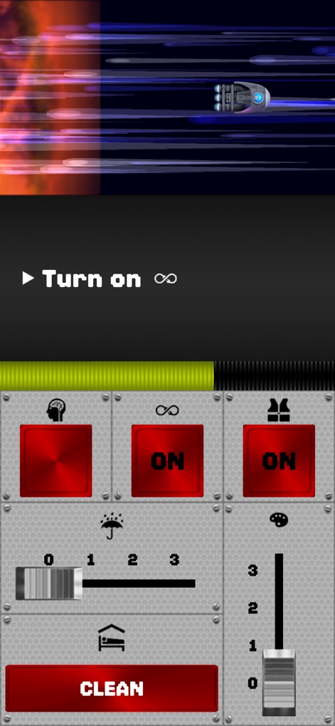 Spaceteam - This interface showcases the app's quirky and symbolic controls, highlighting the 'infinity' symbol ON button and the 'CLEAN' button with its associated slider, vital for cooperative success.