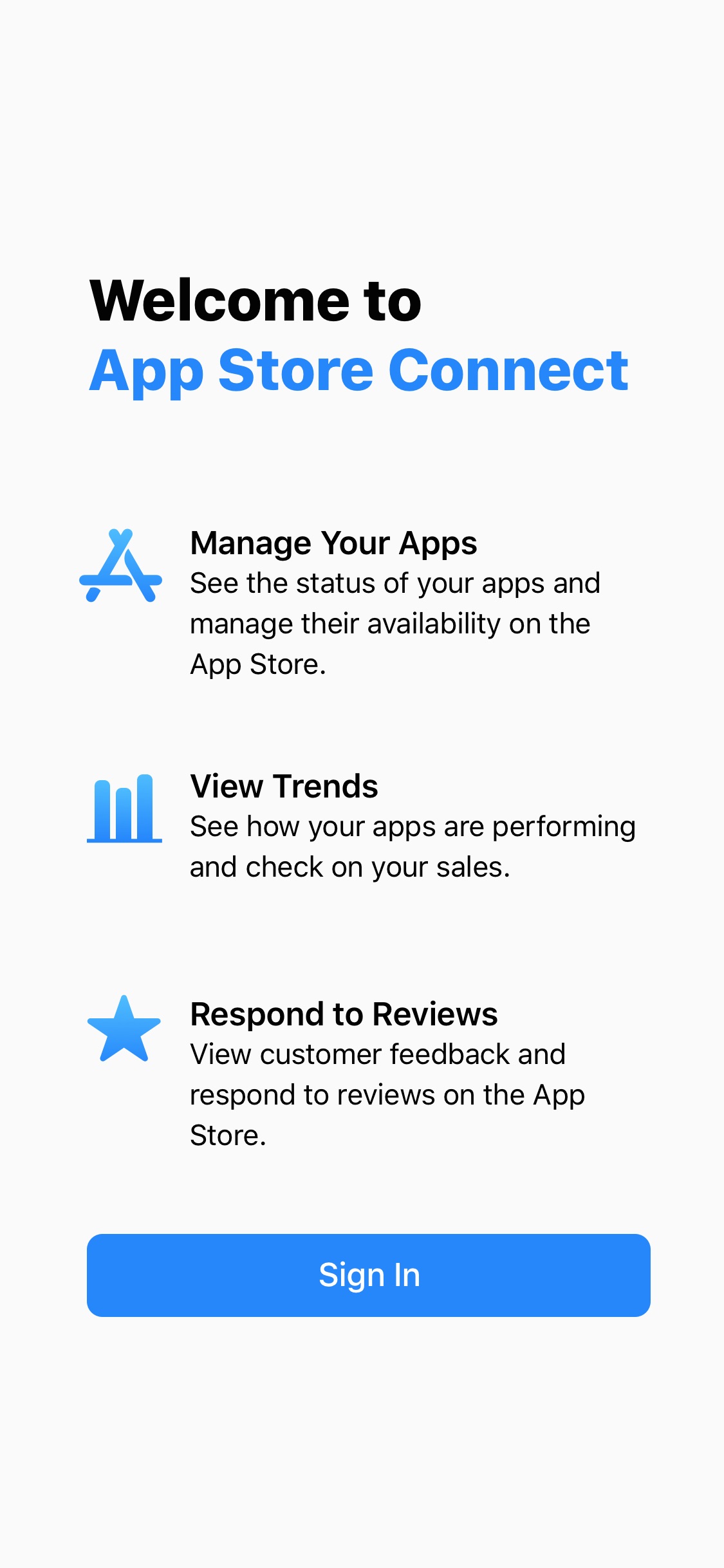 Screenshot do app App Store Connect