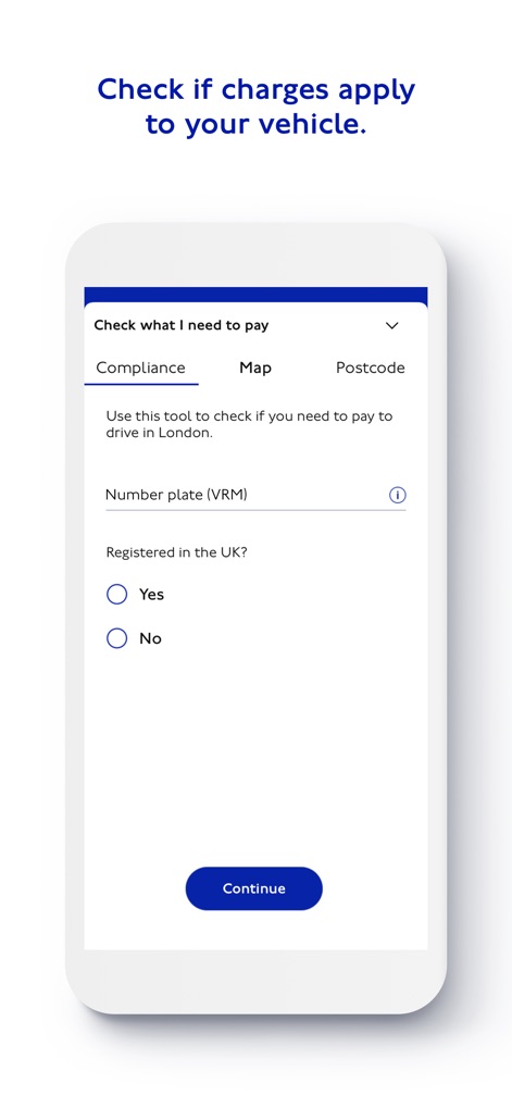 TfL Pay to Drive in London - Drivers can quickly verify vehicle compliance by entering their 'Number plate (VRM)' and confirming if the vehicle is 'Registered in the UK?'.