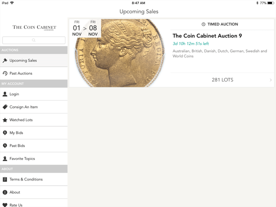 The Coin Cabinet Auctions iPad screenshot 1 - Shopping app