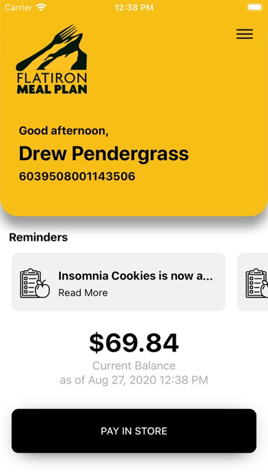 Flatiron Meal Plan Payment Screenshot