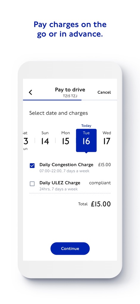 TfL Pay to Drive in London - The app provides intuitive date selection for charges and a transparent breakdown of costs, including the 'Daily Congestion Charge' and its associated fee.