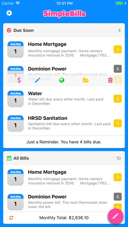 Simple Bill Reminders