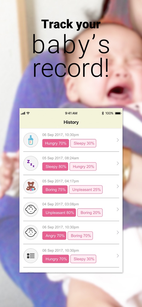 Cry Analyzer - baby translator - O aplicativo mantém um registro cronológico das análises, permitindo aos pais visualizar padrões anteriores, como 'Hungry 70%' ou 'Sleepy 80%', com data e hora.