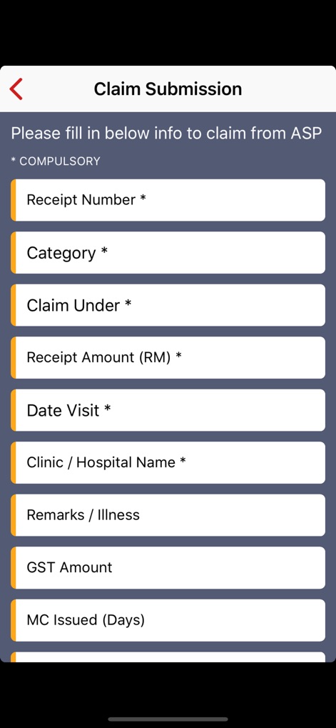 ASP Healthcare - Questo strumento semplifica il processo di richiesta di rimborso tramite moduli digitali che richiedono dettagli come il "Receipt Number" e il "Receipt Amount (RM)", indicando chiaramente i campi "COMPULSORY".