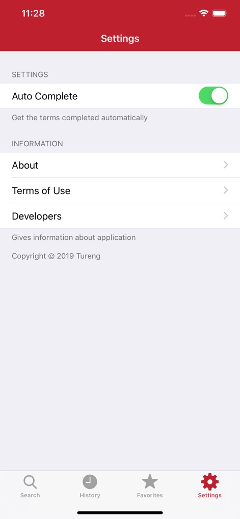 Tureng Dictionary - Tailor the app experience with the 'Auto Complete' toggle and access vital information like 'Terms of Use' and 'About' sections.