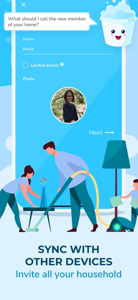Sweepy: Home Cleaning Schedule - L'application facilite l'intégration de nouveaux membres du foyer, permettant de personnaliser leur profil et d'attribuer des niveaux d'accès pour une collaboration équitable.