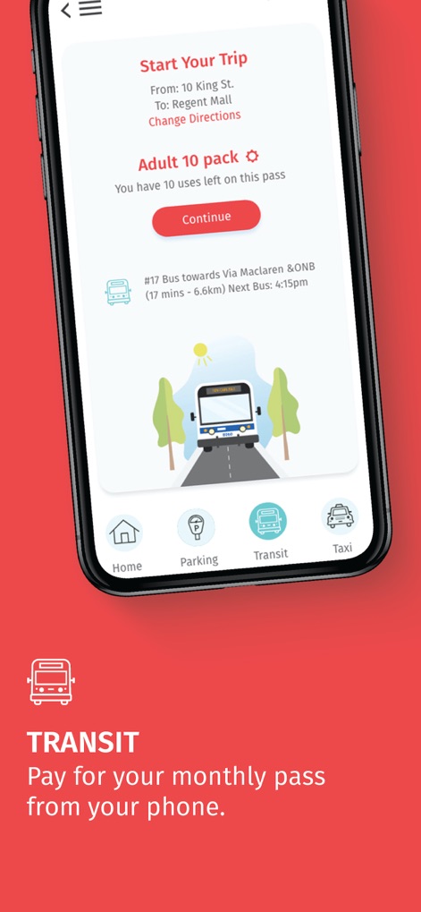 HotSpot Parking - Explore the app's transit features, showing users how to manage their "Adult 10 pack" and view real-time bus schedules, including "Next Bus: 4:15pm".