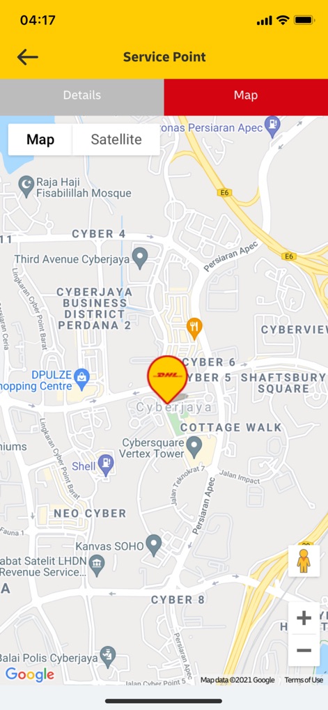 DHL Express Mobile App - Users can easily find nearby DHL locations with an interactive map displaying a prominent 'DHL service point pin', and switch between 'Map' or 'Satellite' views for better orientation.
