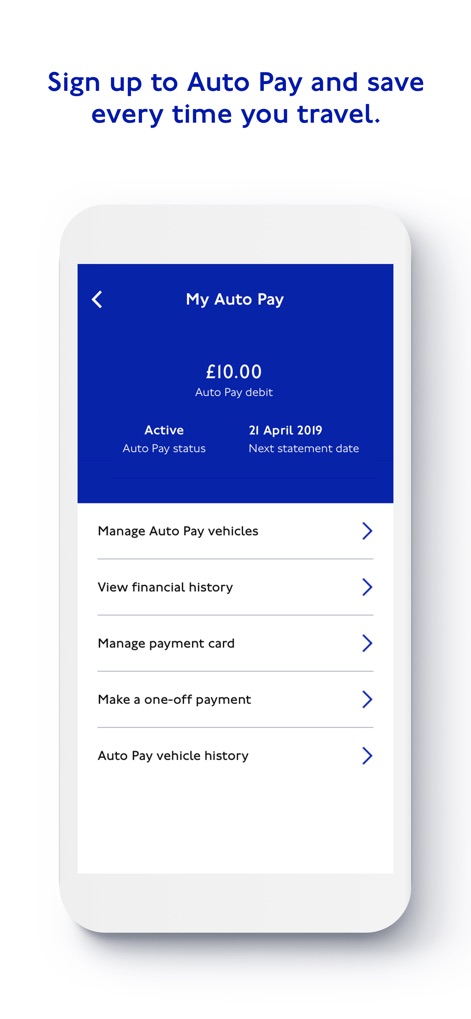 TfL Pay to Drive in London - This feature simplifies recurring payments, allowing users to view their 'Auto Pay status' and easily 'Manage Auto Pay vehicles'.