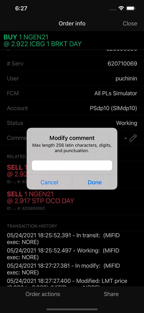 CQG - Access complete order information, including transaction history and the ability to modify comments via the dedicated dialog box for precise record-keeping.