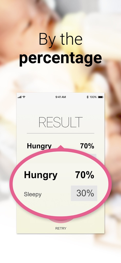 Cry Analyzer - baby translator - Os resultados da análise são apresentados com clareza, exibindo a porcentagem de cada emoção, como 'Hungry 70%' e 'Sleepy 30%', facilitando a compreensão da necessidade do bebê.