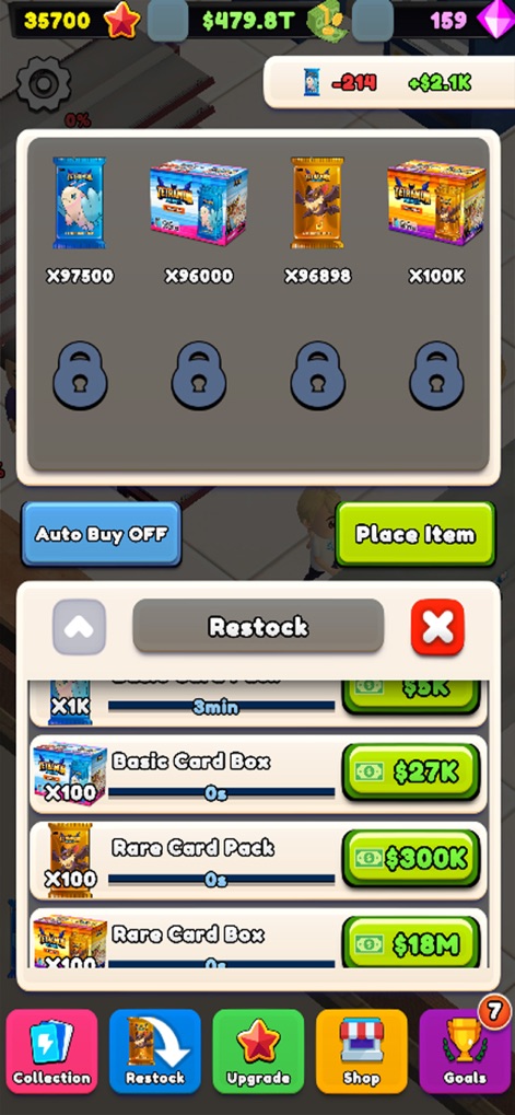 TCG Card Shop Tycoon Simulator - Gli utenti hanno accesso a un'ampia varietà di pacchetti di carte da rifornire, ognuno con il proprio costo e quantità, permettendo una gestione oculata delle scorte.