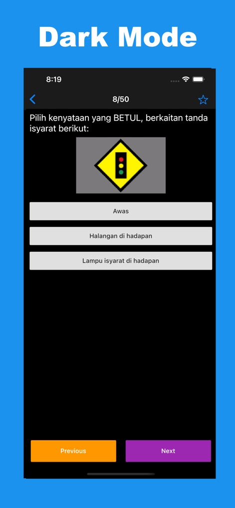 KPP Test 2026 - Ujian KPP01 - The app provides a comfortable dark mode interface, allowing users to study test questions, such as those depicting critical road signs, with reduced eye strain.