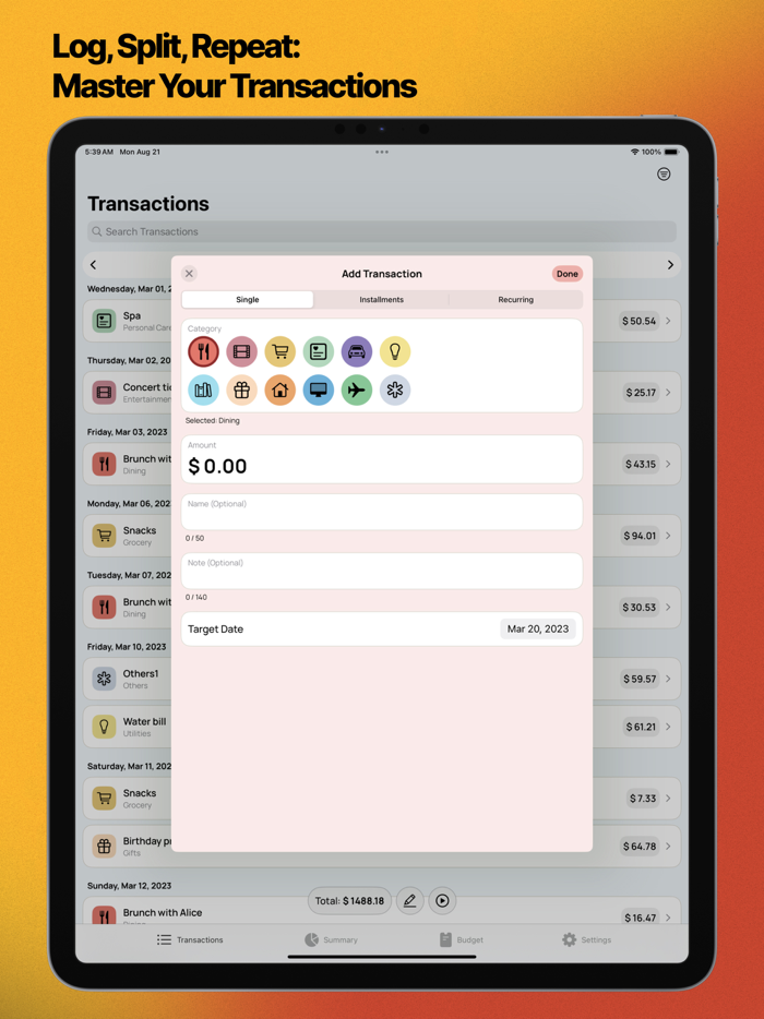 Budgie Expense and Budget