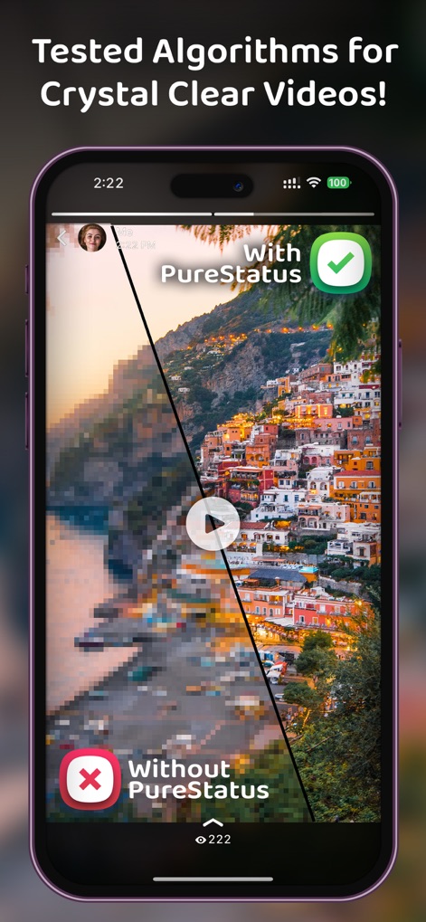 PureStatus: ByeBye Blur Status - L'application met en avant ses algorithmes avancés, assurant des vidéos d'une clarté inégalée pour les paysages, comme le montre la distinction entre l'image pixélisée et sa version HD.