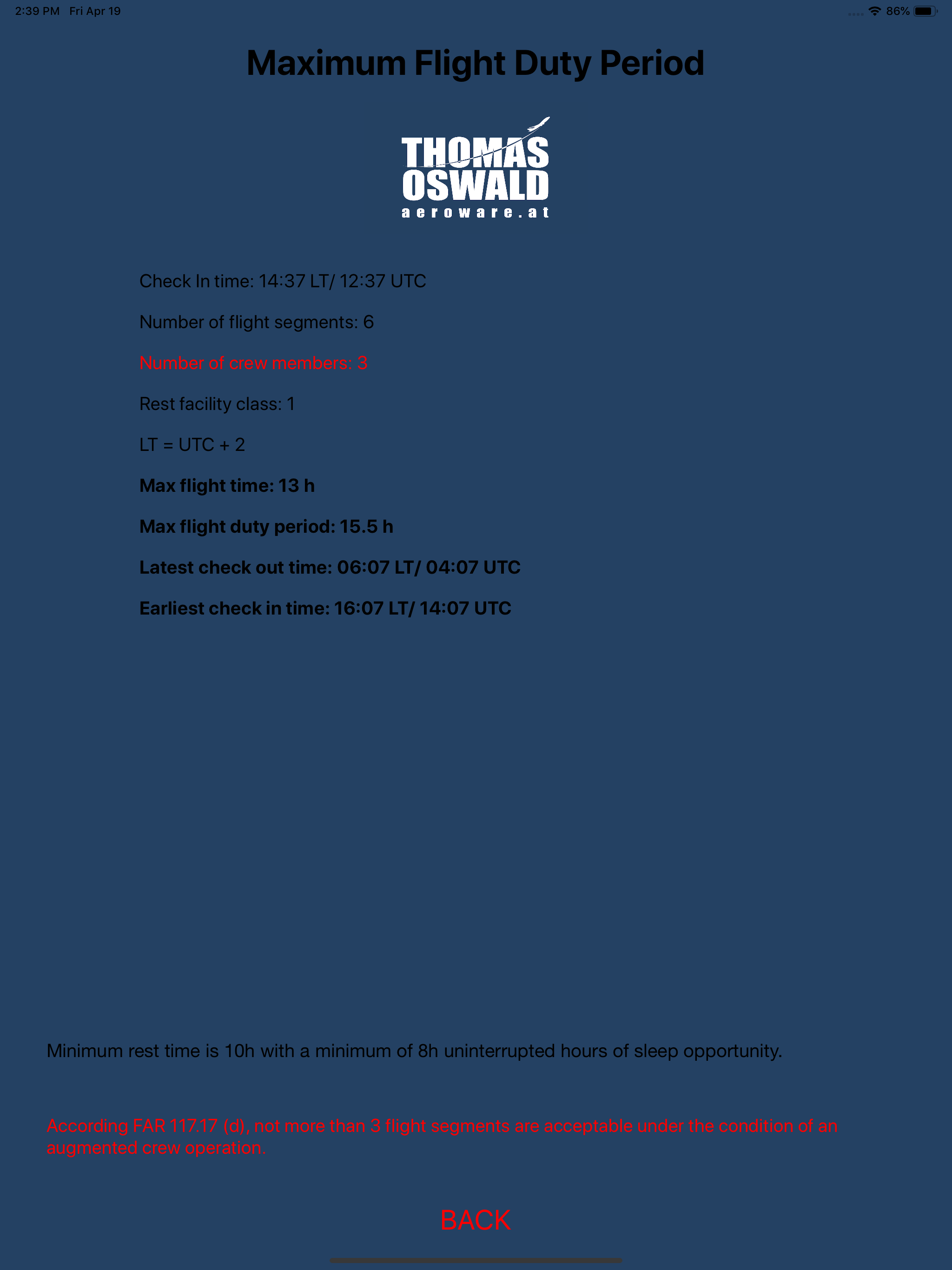 Flight Duty Calculator (FAA)