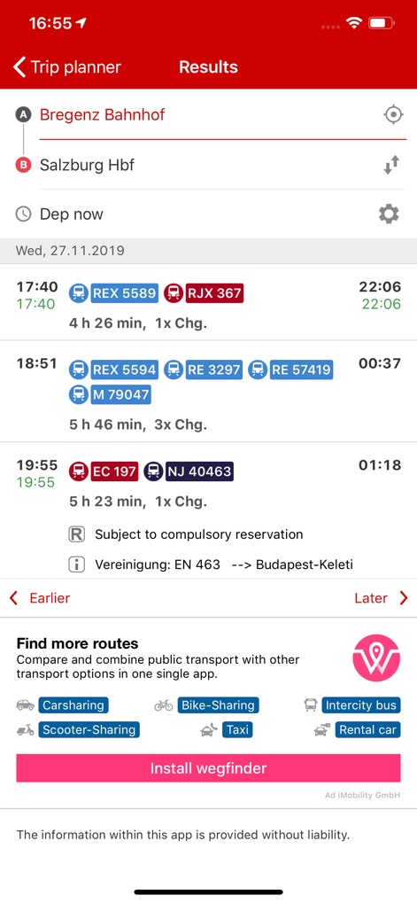 ÖBB Scotty - The app displays various journey options, detailing departure and arrival times with the number of changes, and seamlessly integrates alternative transport modes like carsharing.