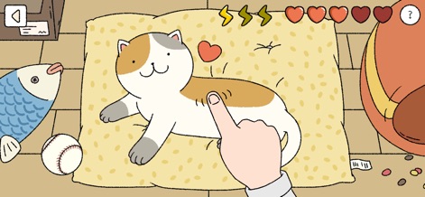 Adorable Home - 猫を撫でて愛情ポイント（ハート）を獲得し、絆を深められます。画面には、猫を撫でる指のジェスチャーと、愛情ゲージが表示されています。
