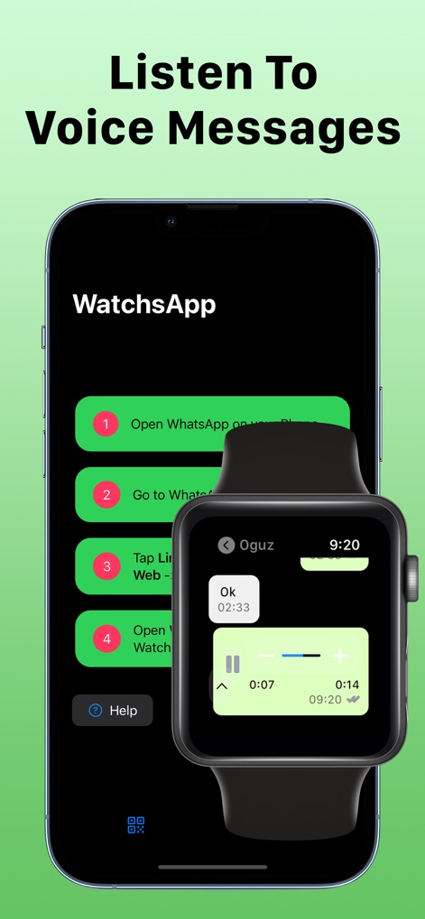 WatchsApp - Chat for Watch - Esta imagem apresenta a facilidade de ouvir mensagens de voz diretamente do Apple Watch, mostrando os controles de reprodução e o processo de configuração inicial no iPhone.