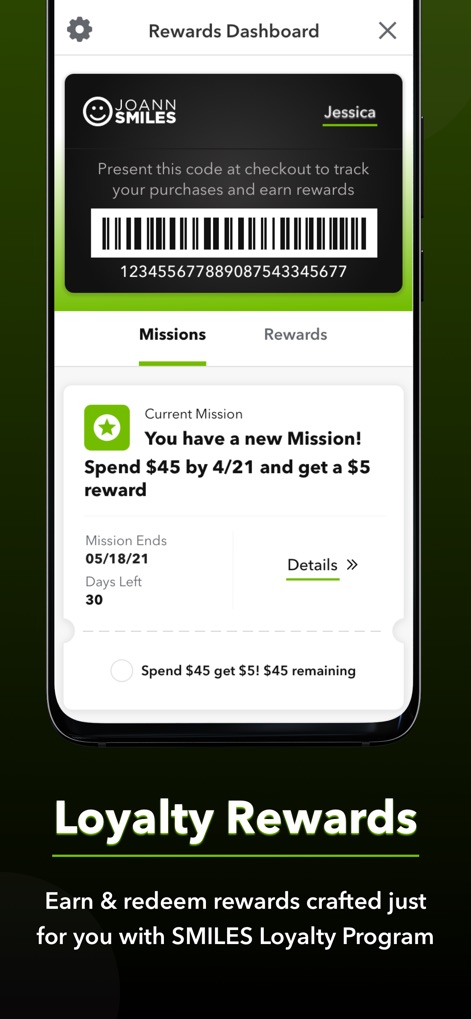 JOANN - Shopping & Crafts - The SMILES Loyalty Program provides users with personalized missions to earn rewards and features a comprehensive rewards dashboard to track progress and benefits.
