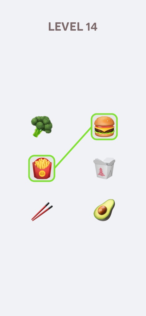 Emoji Puzzle! - La aplicación presenta una selección de emojis de comida, como el brócoli y la hamburguesa, y desafía a los usuarios a encontrar relaciones culinarias obvias, uniendo patatas fritas con la hamburguesa.