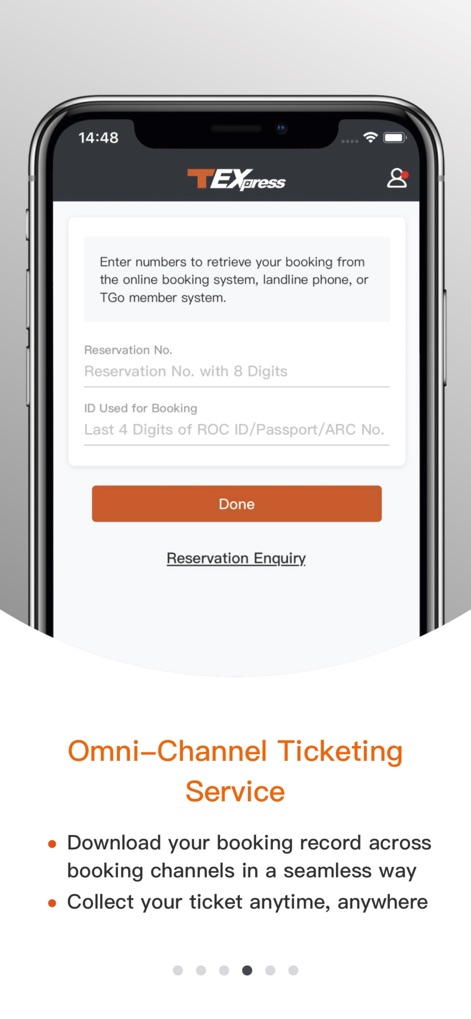 台灣高鐵 T Express行動購票服務 - The app allows quick booking retrieval using a specific 'Reservation No. with 8 Digits' and verified identification via the 'Last 4 Digits of ROC ID/Passport/ARC No.'.