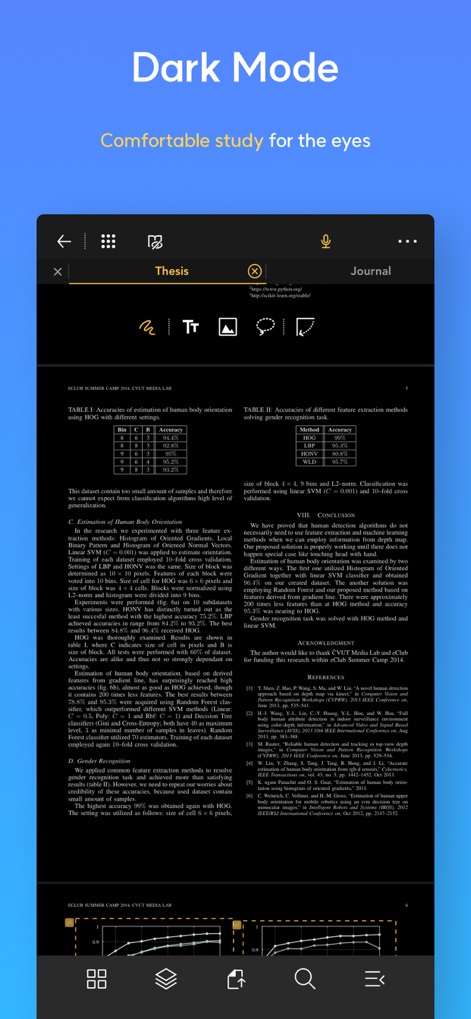 Flexcil Note & Good PDF Reader - This tool provides a comfortable dark mode display, featuring inverted document colors and bright text, which significantly reduces eye strain during extended reading sessions.