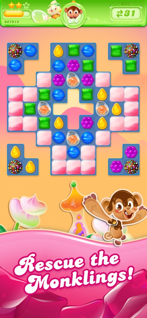 Candy Crush Jelly Saga - Engage in dynamic rescue missions where users free adorable Monkling characters trapped in jelly, utilizing various special candies on the vibrant game board.