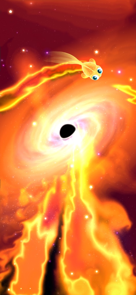 Super Starfish - Observe the dramatic encounter of a gold fish-like creature with a formidable black hole, set against a backdrop of intense, fiery orange cosmic clouds.
