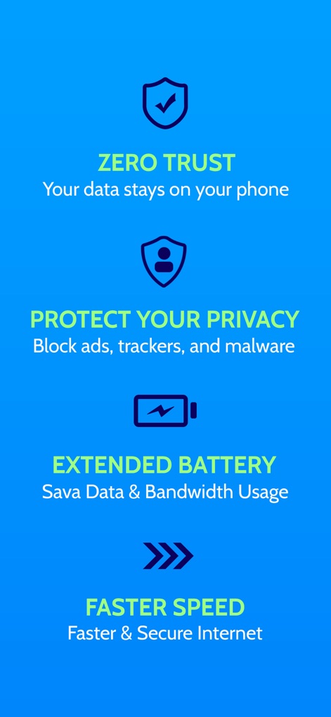 Naka AdBlocker VPN - Esta captura destaca os pilares do Naka AdBlocker VPN, exibindo o princípio de "Zero Trust" com dados no dispositivo e a promessa de velocidade de internet aprimorada, sublinhando o foco em segurança e desempenho.