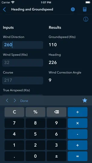 Screenshot von Sporty's E6B Flight Computer auf dem iPhone 3
