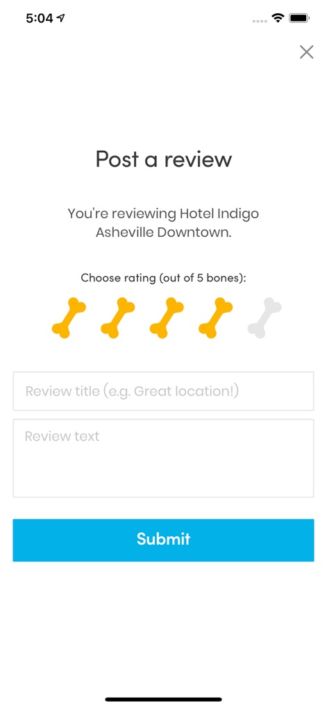BringFido - The review submission interface allows users to easily rate their experience using a playful bone-themed scale and provide detailed feedback in the 'Review title' and 'Review text' fields.