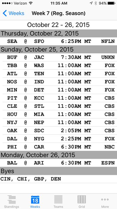 Pro Football Schedule Screenshot