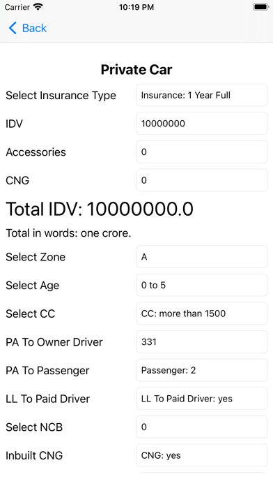Motors Insurance Calculator Screenshot