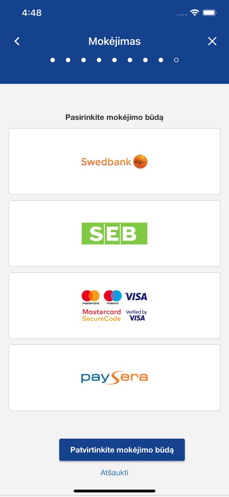 e.Ticket Klaipėda - The app offers various payment options, including popular local banks like Swedbank and SEB, alongside international card networks such as Mastercard and Visa.