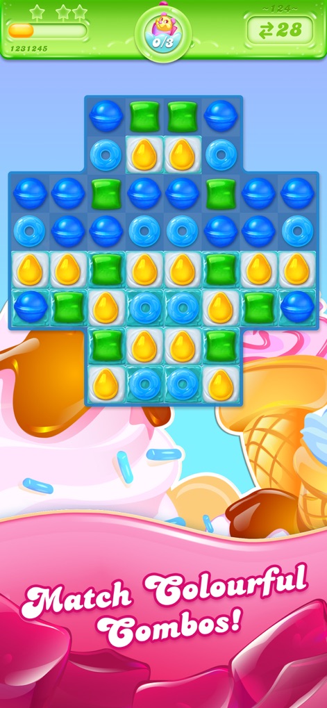 Candy Crush Jelly Saga - Witness how the app invites users to engage in vibrant combo creation on its distinctive cross-shaped game board, surrounded by delicious dessert-themed visuals.