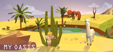 My Oasis: Anxiety Relief Game - Un paisaje desértico adornado con palmeras y una curiosa llama, junto con una figura de Cupido y una vasija ancestral, evoca un ambiente místico y de ensueño.