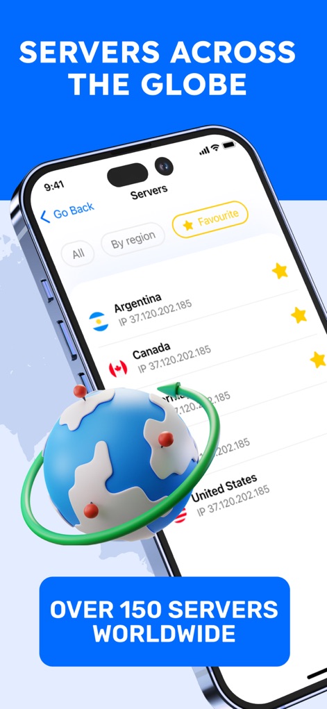 Mix VPN - Fast & Unlimited - Users can explore Mix VPN's extensive global server network, clearly displayed with country flags and IP addresses, and conveniently mark preferred locations using the 'Favourite' server option.