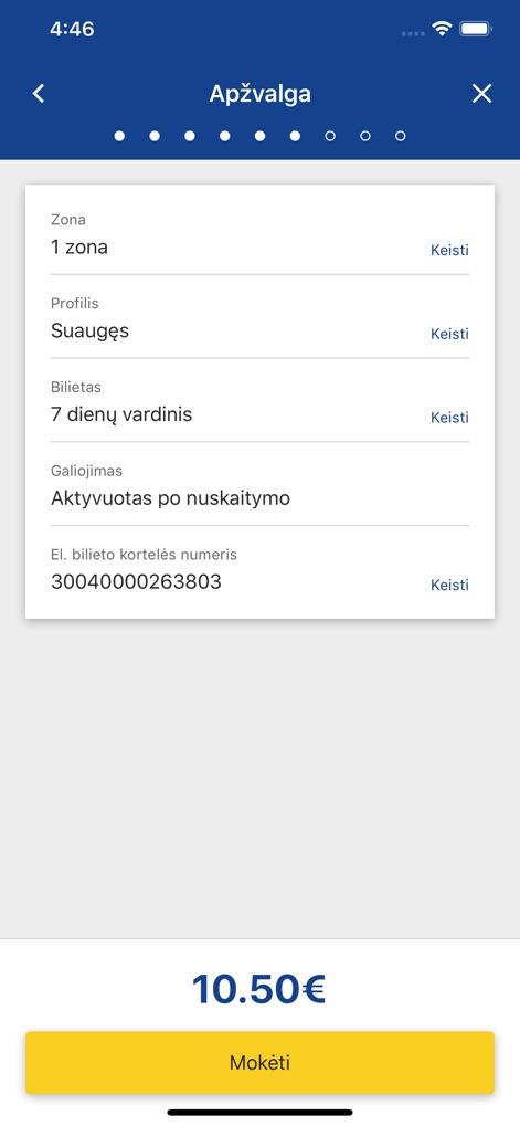 e.Ticket Klaipėda - Users can review their selected ticket details, such as the chosen zone and ticket type, before proceeding to payment with the clearly visible "Mokėti" button.