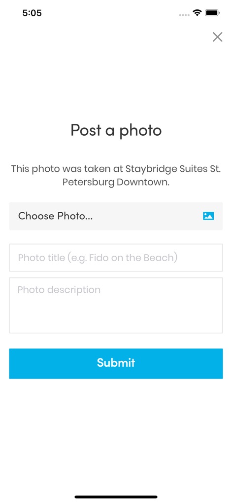 BringFido - This feature enables users to easily upload and share cherished memories by selecting a photo and adding a descriptive 'Photo title' and 'Photo description' for the community.