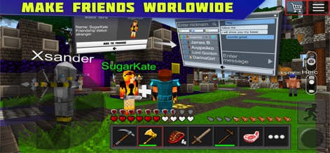 Planet of Cubes Craft and Mine - A interface social do aplicativo é apresentada, destacando um menu com a opção 'Adicionar Amigos' e uma janela de chat. Os jogadores podem se comunicar globalmente, enviando mensagens e interagindo com outros usuários ao redor do mundo.