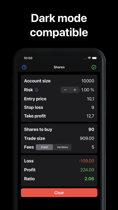 Trade Size stock trading risk Screenshot