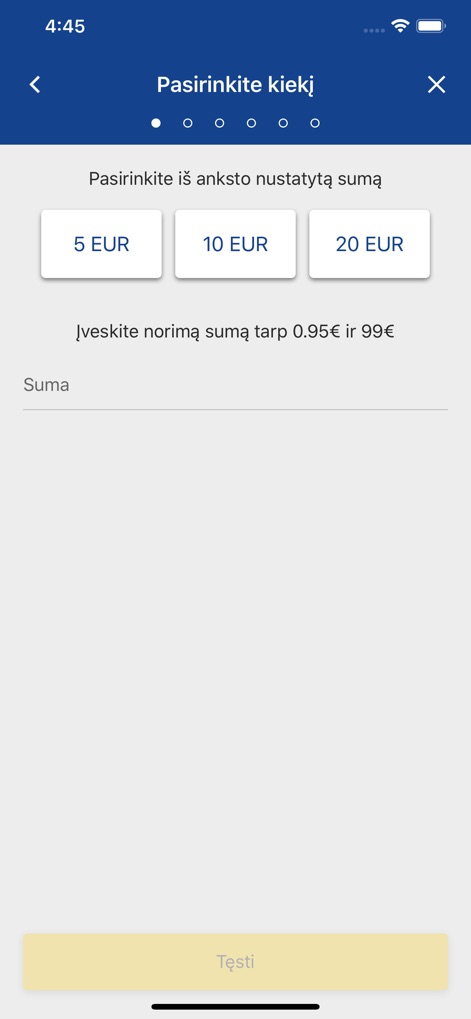 e.Ticket Klaipėda - The app allows users to easily add funds, offering convenient preset top-up amounts of 5, 10, and 20 EUR, or the flexibility to enter a custom amount.